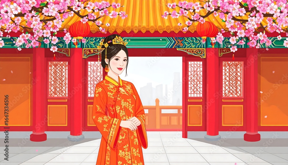 Fototapeta premium Elegant Chinese Woman in Traditional Attire at a Scenic Temple.