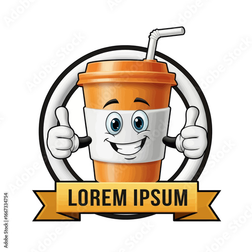 Cartoon coffee cup mascot giving thumbs up with a ribbon for text in a logo.