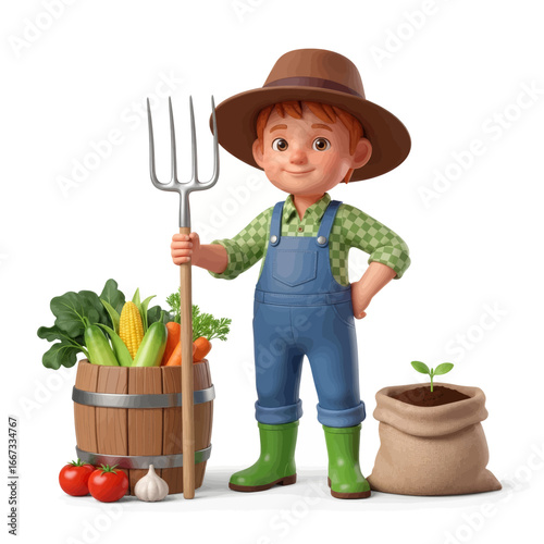 A cute 3D cartoon farmer boy in overalls holds a pitchfork next to a barrel of fresh vegetables and a sprouting plant.