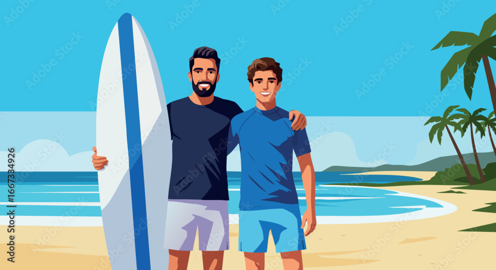 Obraz premium Two men with surfboard on beach summer vacation friendship ocean waves palm trees vector illustration