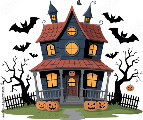 Wallpaper Mural a classic haunted house, dark and ominous, with glowing windows, set against a spooky night sky with a crescent moon.  Torontodigital.ca