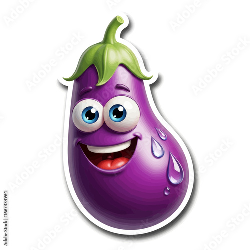 A cheerful cartoon eggplant character with big blue eyes and sweat drops, smiling happily.