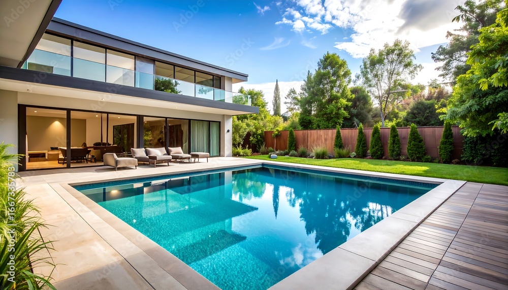 Fototapeta premium Elegant modern home with swimming pool under bright blue sky outdoor