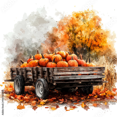 Hayride Through Autumn Farm, watercolor illustration vector, isolated on a white background.