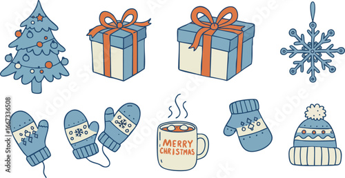 Christmas winter holiday season icons with tree gifts mittens hat snowflake and cozy cup vector illustration