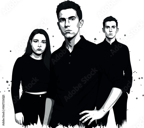Group of three serious young adults standing confidently in black clothing with monochrome style vector illustration