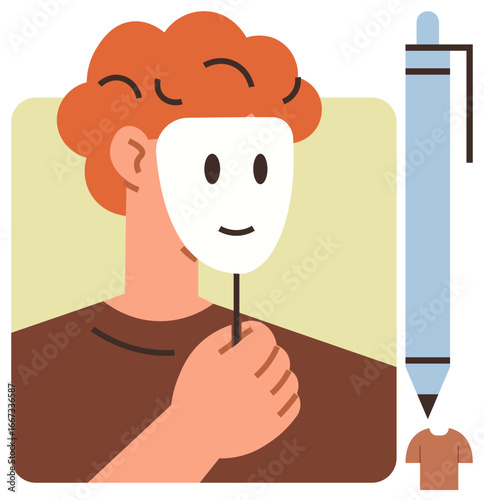 Mask in hand concealing identity, a pen for writing, and small shirt icon. Ideal for self-expression, creativity, anonymity, writing ideas, psychology, storytelling minimalism simple flat metaphor