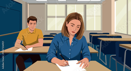 Students writing exam test in classroom education learning concept vector illustration