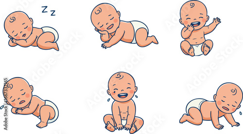 Cute baby in various sleeping, crawling, and sitting poses vector collection for child care and parenting designs