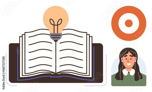 Open book with glowing light bulb symbolizing ideas, target icon for focus, and smiling woman for learning and growth. Ideal for education, creativity, success, innovation, personal development