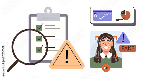 Magnifying glass on checklist, warning signs, fake image detection, charts, and data analysis. Ideal for fraud prevention, data security, AI ethics, authentication cybersecurity compliance digital