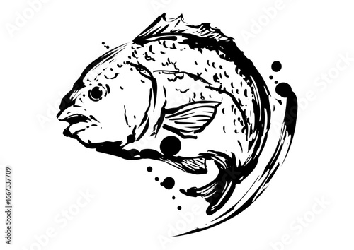 Tai Fish Sumi-e Ink Painting – Japanese Sea Bream Symbol of Good Fortune