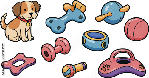 Puppy with colorful dog toys collection including bones balls and chew toys in playful cartoon style