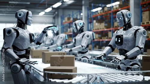 Futuristic Robots Sorting Packages on Conveyor Belt in a Modern Warehouse.