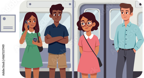 Diverse group of young people standing at subway entrance waiting for train in casual clothes urban public transport scene