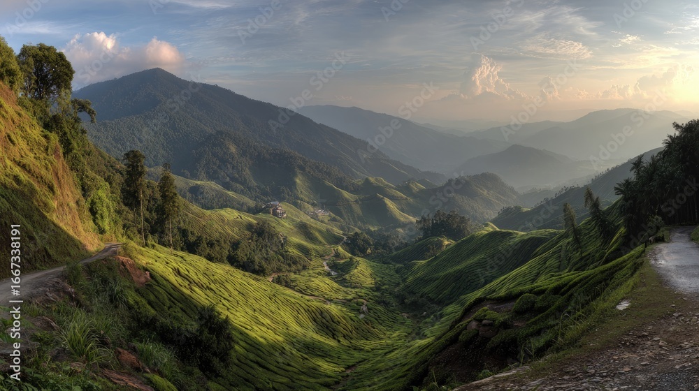 Naklejka premium Lush green mountain valley at sunrise.