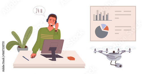 Man wearing headset at desk with computer monitors drone operation. Chart and graphs show analytics. Ideal for customer support, tech solutions, data management, drone operation, digital tools