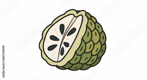 Illustration of a green custard apple cut in half, showing its white pulp and black seeds on a white background.