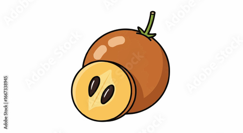 A whole brown sapodilla fruit next to a slice revealing its seeds, presented on a white background.