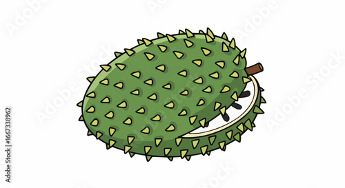Cartoon illustration of a halved soursop fruit, showcasing its prickly exterior and creamy interior.