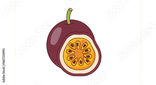 A detailed illustration of a halved passionfruit, showcasing its vibrant interior and seeds.