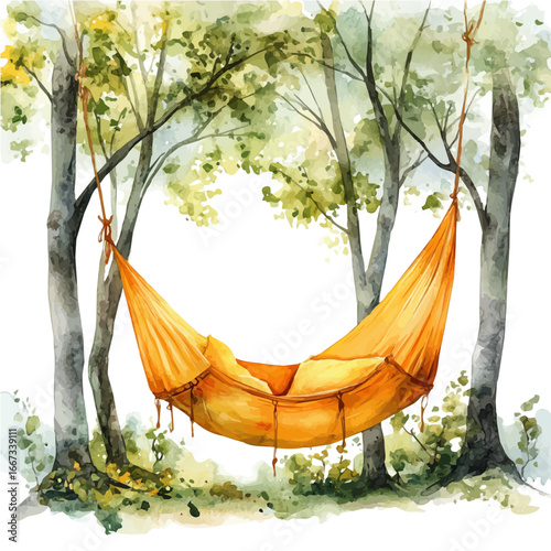 Hammock Hanging Between Trees, watercolor illustration vector, isolated on a white background.