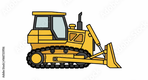 Yellow bulldozer cartoon illustration on a white background, construction vehicle ready for work