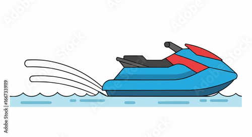 Dynamic vector illustration of a personal watercraft, a powerful jet ski, speeding across the open water, creating a thrilling wake, embodying summer sports and recreation