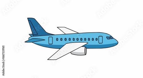 Illustration of a Blue Airplane Flying in the Sky, Isolated on a White Background