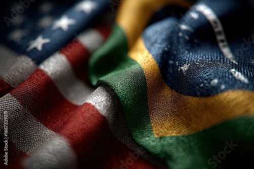 Flags of Brazil and the United States intertwined, symbolizing unity and cooperation between two nations in vibrant colors