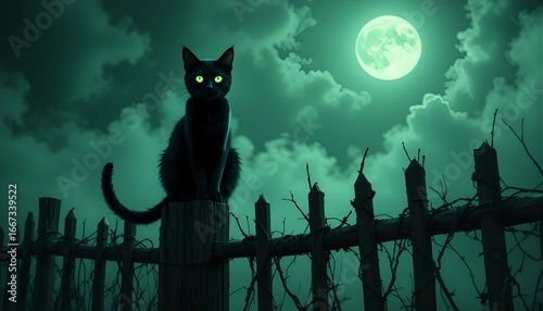 A glowing black cat with multiple eyes, standing on a crooked fence under the moon, surrounded by swirling green mist.