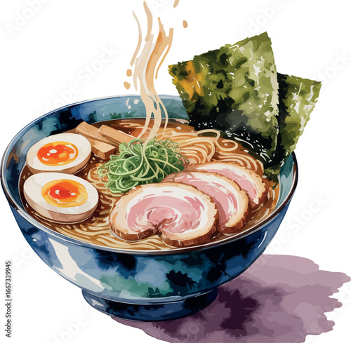 a delicious bowl of ramen, complete with noodles, sliced pork (chashu), soft-boiled eggs, green onions, and nori (seaweed). Steam gently rises from the rich broth, indicating its warmth and freshness.