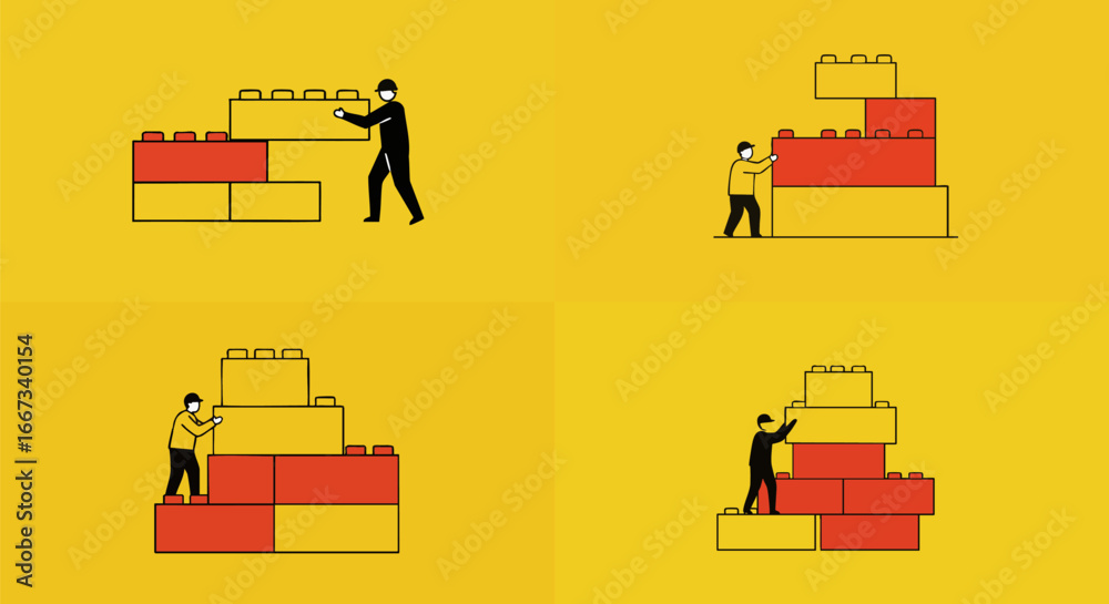 Obraz premium vector illustration of a set of icons man building blocks