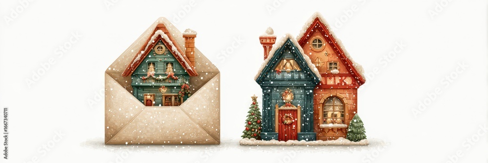 Obraz premium Colorful winter houses and festive envelope showcasing holiday spirit in a snowy scene