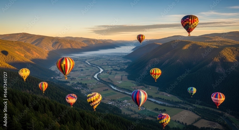 Obraz premium Colorful hot air balloons over scenic valley