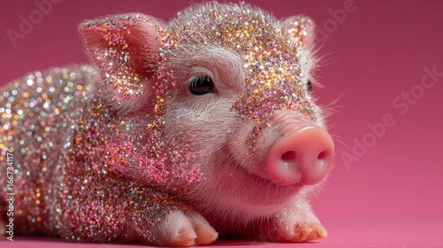 Cute piglet covered in colorful glitter poses against a pink background with a playful expression