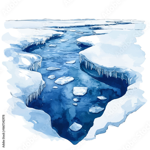 Frozen River, watercolor illustration vector, isolated on a white background.