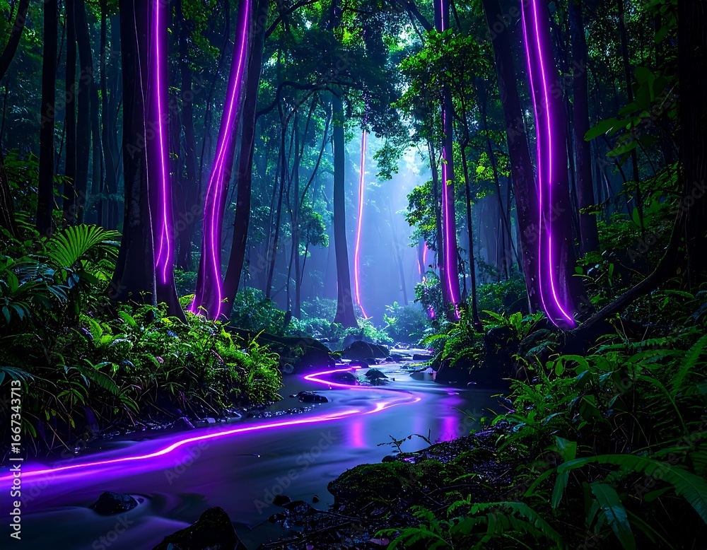 Fototapeta premium Mystic rainforest illuminated by vibrant light trails