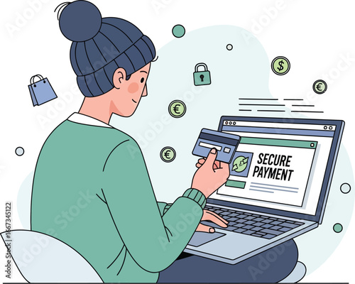 Woman using a laptop for secure online payment, holding a credit card, with currency symbols floating around.