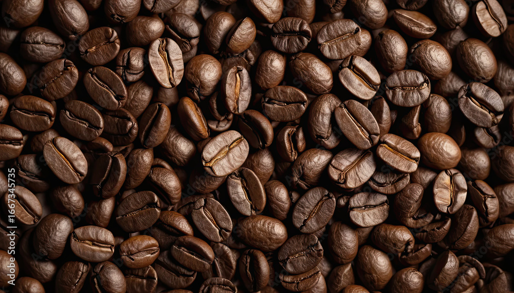 Obraz premium Close up background texture of roasted coffee beans filling frame, rich brown organic caffeine ingredient, natural pattern design resource for cafe branding, espresso packaging or food product present