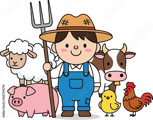 Cartoon farmer with farm animals, including sheep, cow, pig, chicken, and a pitchfork.