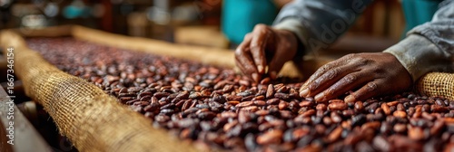 Cocoa farmers hand sorting cacao beans for quality control in a rural processing facility during the harvest season
