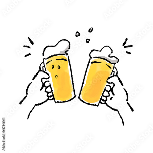 手描き風ビール乾杯のイラスト（水彩・背景透過PNG）