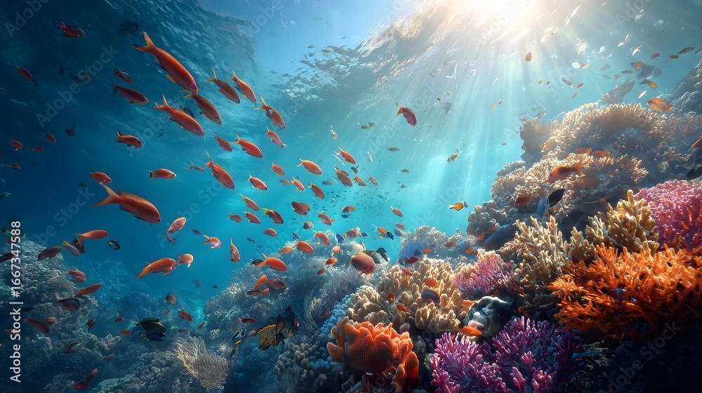 Naklejka premium Colorful coral reef underwater with tropical fish, vibrant marine ecosystem illuminated by sunlight, ocean wildlife habitat showcasing biodiversity and aquatic beauty