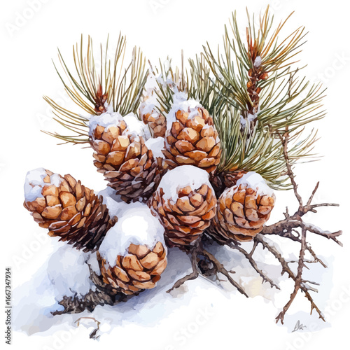 Frosty Pine Needles, watercolor clipart vector, isolated on a white background.