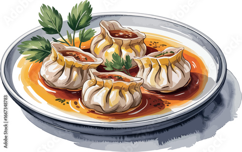  four plump dumplings resting in a shallow pool of light orange-brown broth on a white plate.
