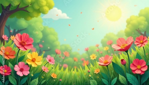 Sunlit meadow, vibrant paper flowers create whimsical scene, adorable, artistic
