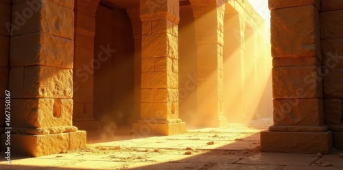 Dusty sunbeams illuminate ancient temple walls, offering quiet contemplation, Southeast Asia, peace