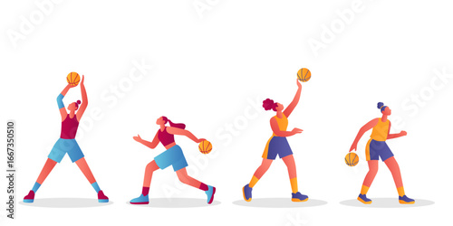 Basketball players in action, stylized flat illustration