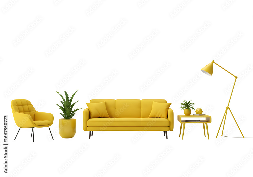 collection of yellow modern furniture items including a sofa, chair, planter, table, lamp isolated on white or a transparent background for interior design, PNG format.